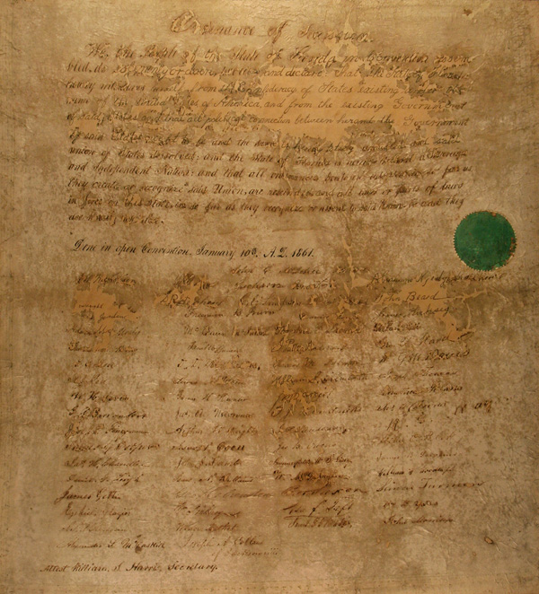 Ordinance of Secession, signed January 10, 1861 by 62 of the 69 delegates who attended a convention in Tallahassee to determine whether Florida would secede following the election of Abraham Lincoln (Series S972, State Archives of Florida). Click the image to enlarge it and see a full transcript.