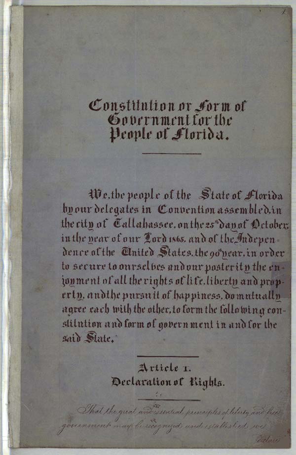 Florida's 1865 Constitution (Series S58, State Archives of Florida). Click or tap the image to view the complete document with transcript.