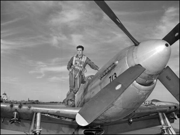 National Guard pilot Bill Yoakley posing on the wing of a plane: Jacksonville, Florida (1949)