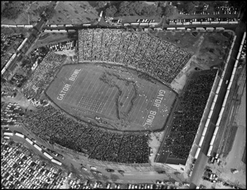 Aerial view of the Gator Bowl Stadium during show at the 1954 game between Auburn University and Baylor University: Jacksonville, Florida (1954)