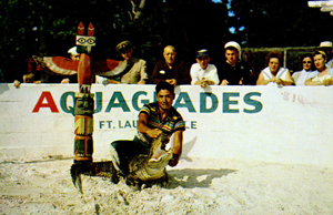 Seminole alligator wrestling at Aquaglades: Dania, Florida (1950s)