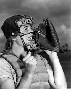 Dottie Schroeder, catcher, shouting play ball  (1948)