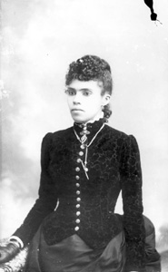 Woman wearing velvet print bodice