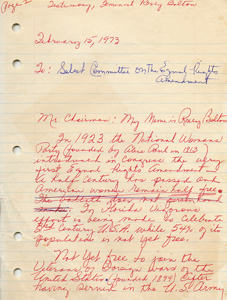 Roxcy Bolton's original handwritten draft of her testimony in support of the Equal Rights Amendment before the Florida Select Committee on the ERA, February 15, 1973 - page 1