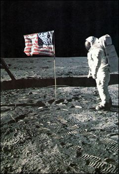 View of the U.S. flag with Astronaut Aldrin at Tranquility Base (1969)