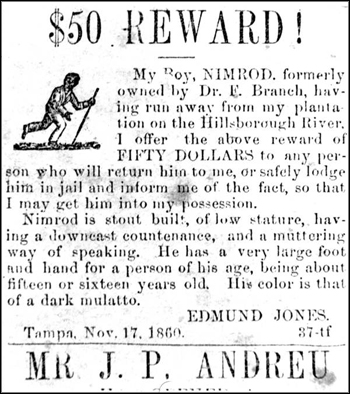 Tampa Newspaper ad offering a reward for the return of a runaway slave (November 17, 1860)