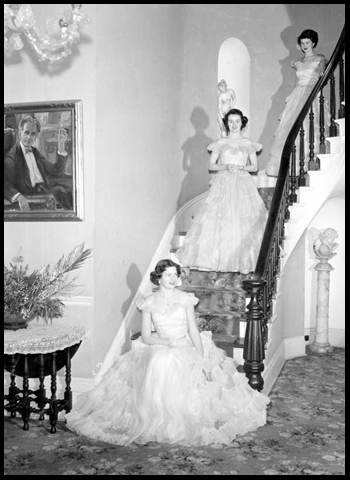 Young women pose on a staircase at Goodwood: Tallahassee, Florida (1951)