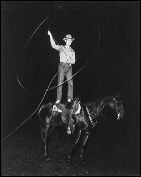 Buck McLean shown trick riding and roping: Gainesville, Florida (1947)