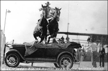 Billie Keen riding horses over an automobile: Arcadia, Florida (1930)