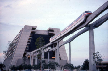 View showing monorail near Disney's Contemporary Resort hotel at the Magic Kingdom in Orlando, Florida (after 1971)