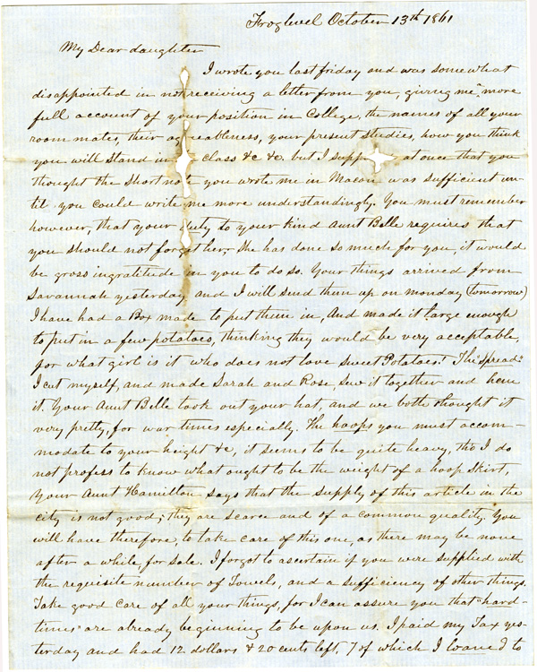 Letter of October 13, 1861, from E. J. Blackshear to My Dear Daughter