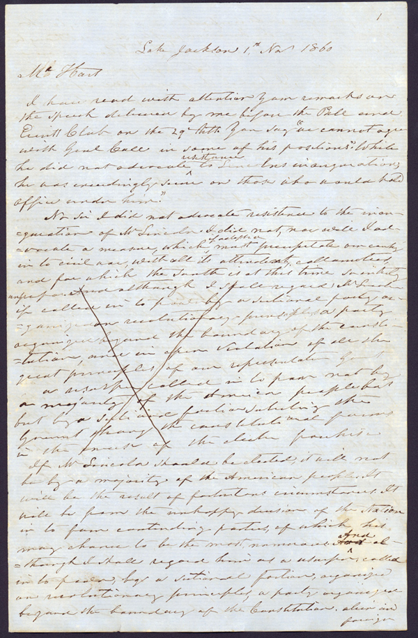 Draft of Letter, November 1, 1860, Richard K. Call, Lake Jackson, to Mr. Hart