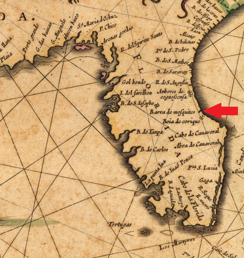 Excerpt of a 1644 map drawn by Willem Janszoon Blaeu, with particular focus on the named waterways along Florida's Atlantic coast. Barra de Mosquitos is indicated with a red arrow. Click or tap the image to view a zoomable version of the complete map.