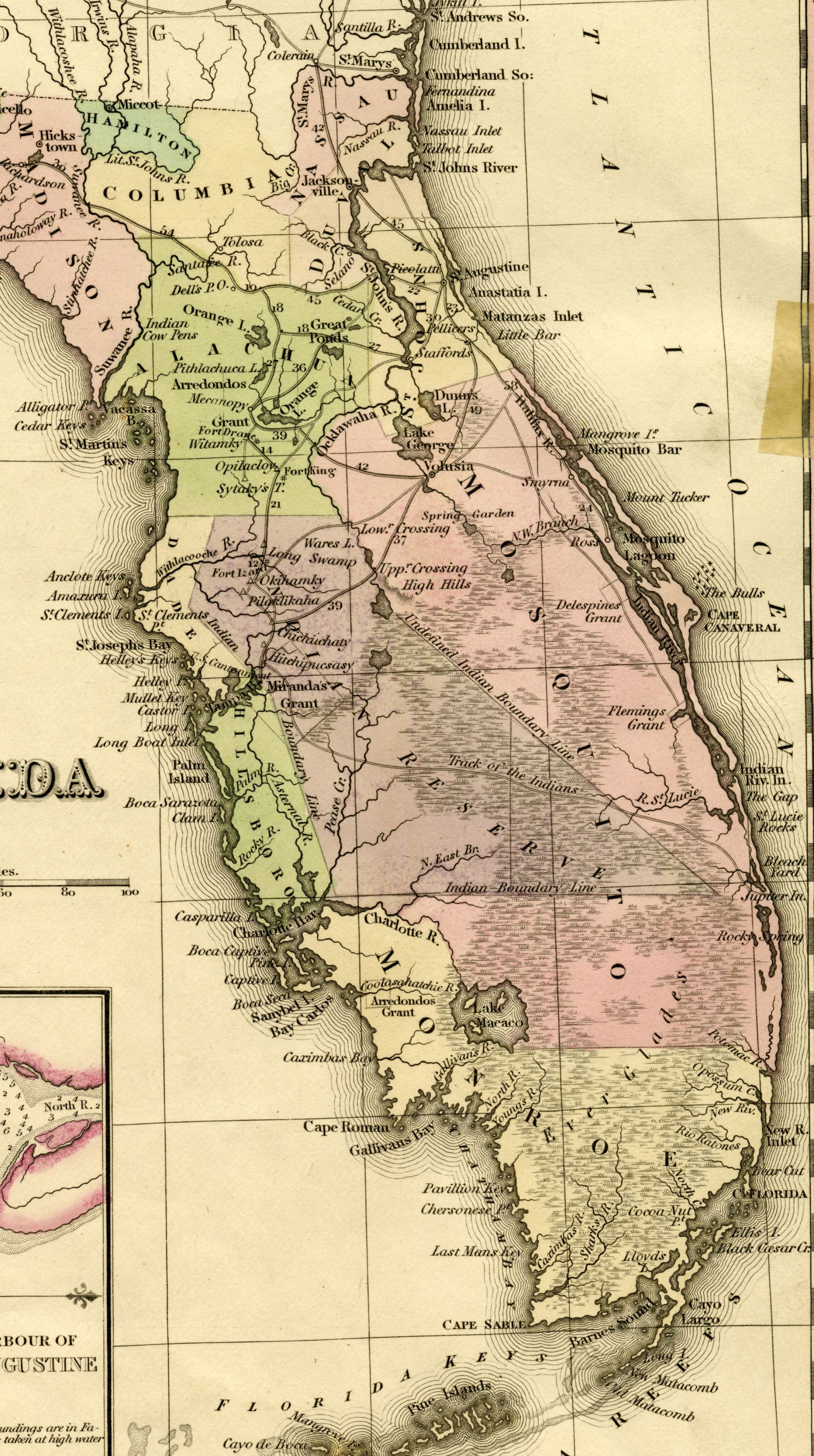 Excerpt from H.S. Tanner's 1833 map of Florida, with Mosquito County shaded in pink along Florida's east coast. Click or tap the image to see a zoomable version of the entire map.