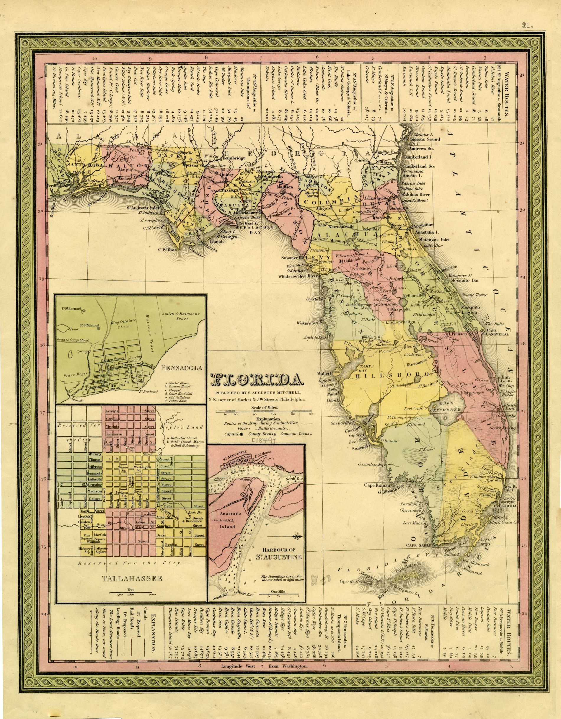 Tanner's 1849 map of Florida. Orange County (formerly Mosquito county) is shown in green. Click or tap the image for a zoomable version of the map.