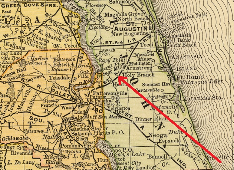 Excerpt from an 1892 map by Rand, McNally & Company showing Holy Branch, later known as Spuds, in St. Johns County. Click or tap the image to view the complete map.