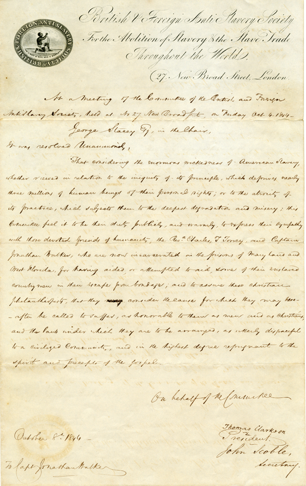 Correspondence Concerning Abolitionist Jonathan Walker 
