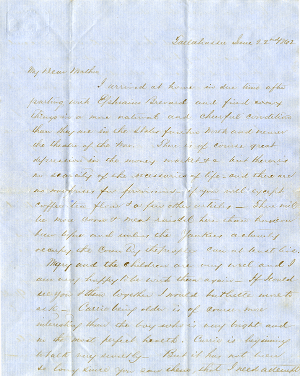 W. B. to My Dear Mother, June 22, 1862
