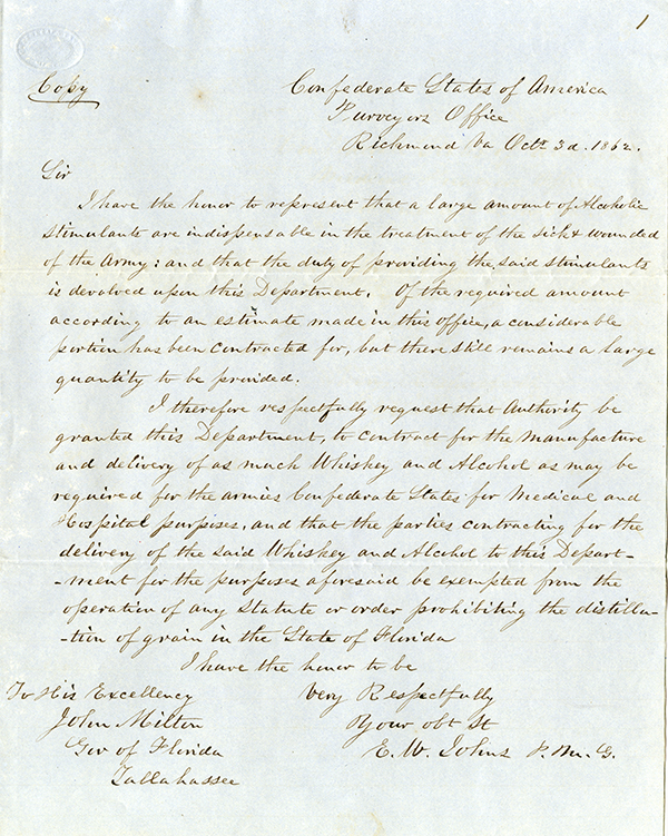 E. W. Johns to John Milton, October 3, 1862
