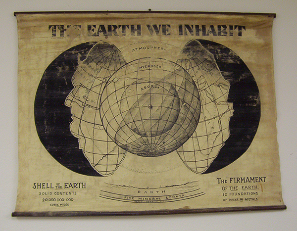 Wall hanging at the College of Life building, Estero, illustrating the hollow earth; photographed in 2008
