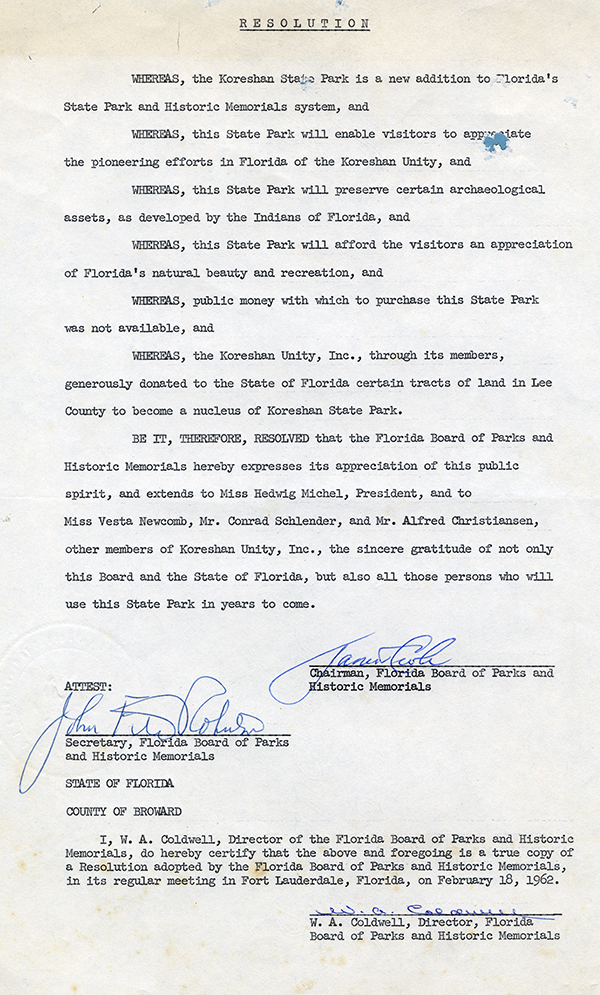 Correspondence and Resolution from Florida Board of Parks and Historic Memorials, 1962
