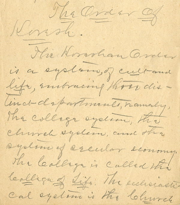 Final two pages of an original Cyrus Teed manuscript, 1889
