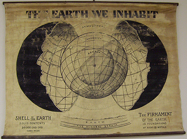 Wall hanging at the College of Life building, Estero, illustrating the hollow earth; photographed in 2008