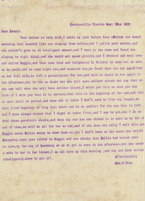 Governor George Franklin Drew's final letter, written to his daughter Vannie on September 24, 1900. Drew Family Papers (M82-8), State Archives of Florida.