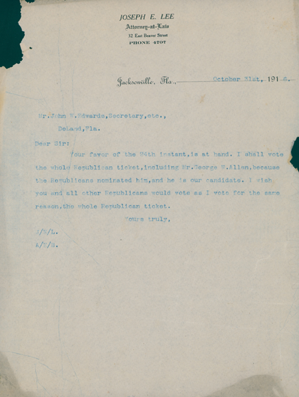 Letter from Joseph E. Lee to John Edwards of DeLand, Oct. 31st, 1916.