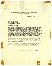 Copy of Telegraph from Martin Luther King Jr. to C. K. Steele, March 19, 1960