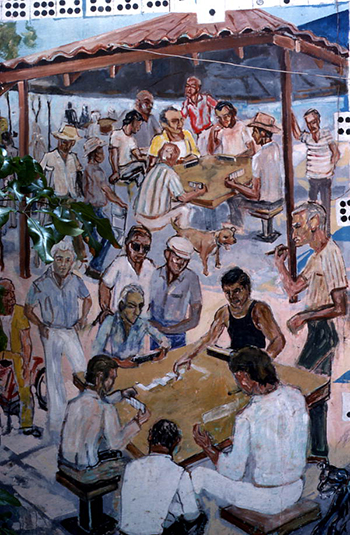 Painting of Cuban American men playing dominoes in Little Havana: Miami, Florida