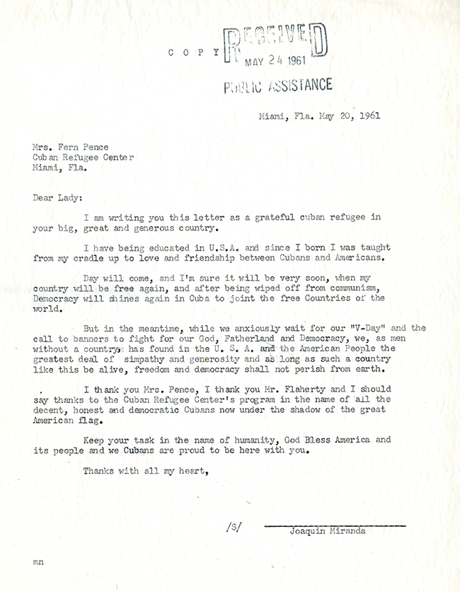 Joaquin Miranda to Fern M. Pence, May 20, 1961