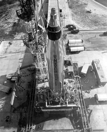 View of Atlas Missile 10D with Mercury Capsule installed: Cape Canaveral, Florida (1959)