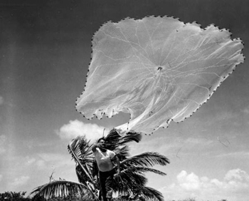 Bob Kyle casting his fishing net: Bahia Honda Key, Florida (1949)