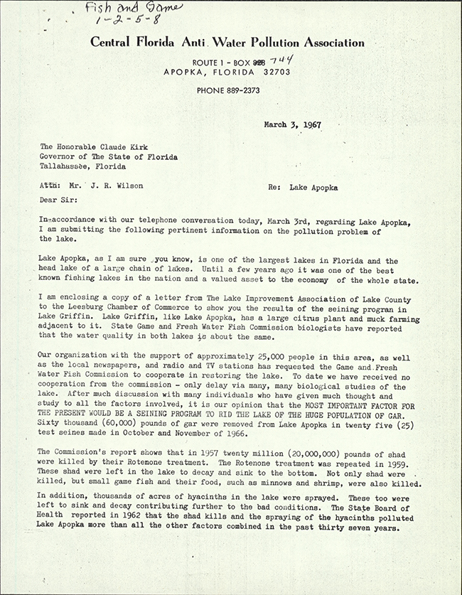 A. Dewey Smith of the Central Florida Anti Water Pollution Association to J.R. Wilson, assistant to Governor Claude Kirk, March 3, 1967