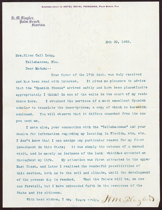 Letter from Henry Flagler to Ellen Call Long