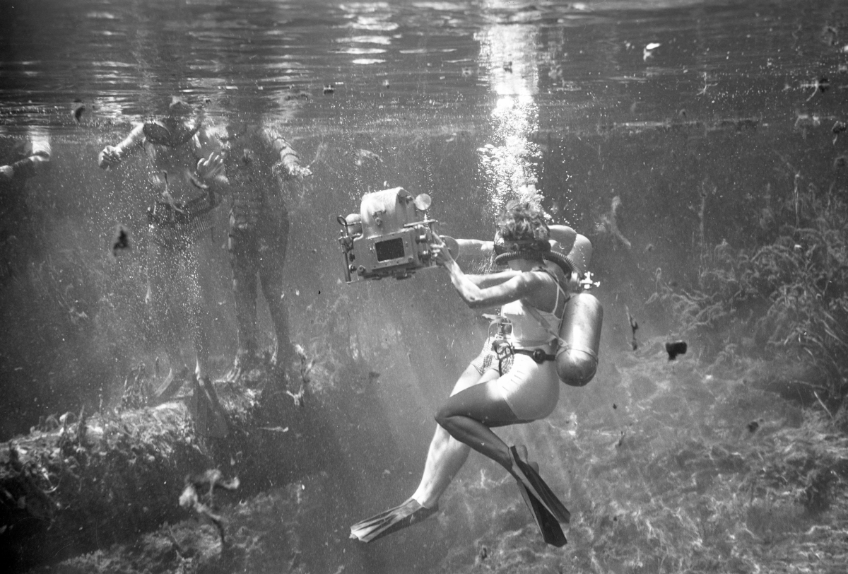 The underwater camera crew working on the set of Revenge of the Creature at Silver Springs, 1954. Photo by Bruce Mozert.