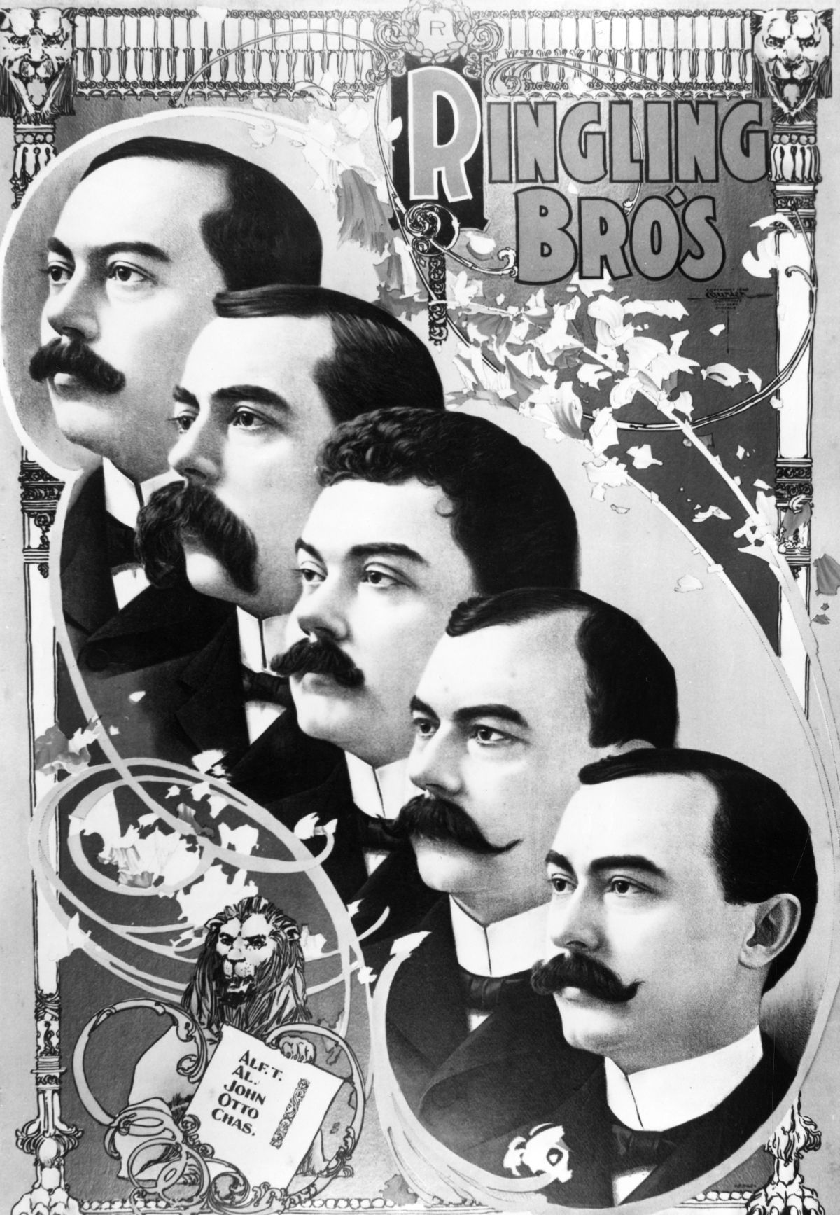 John Ringling is pictured in the center of this poster advertising the family's circus business (1897).