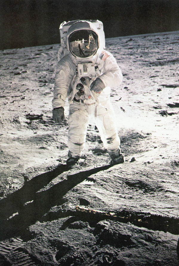 Aldrin's faceplate reflecting Neil Armstrong on the moon