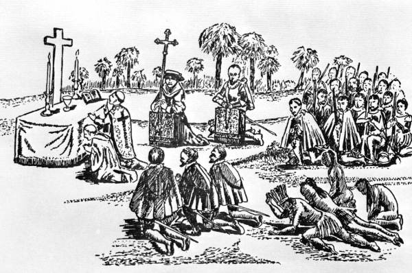 An artist's depiction of the first Christmas celebrated in what is now the United States by Hernando de Soto's expedition in 1539.