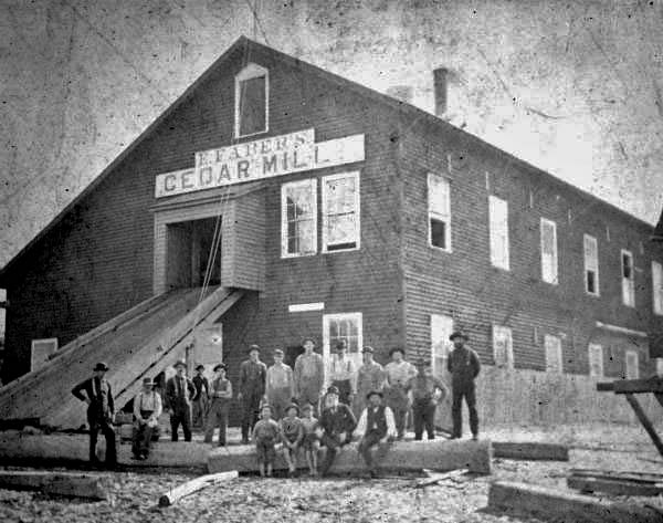 Workers gathered outside Eberhard Faber's cedar mill on Atseena Otie (Cedar Key). Photo circa 1890s.