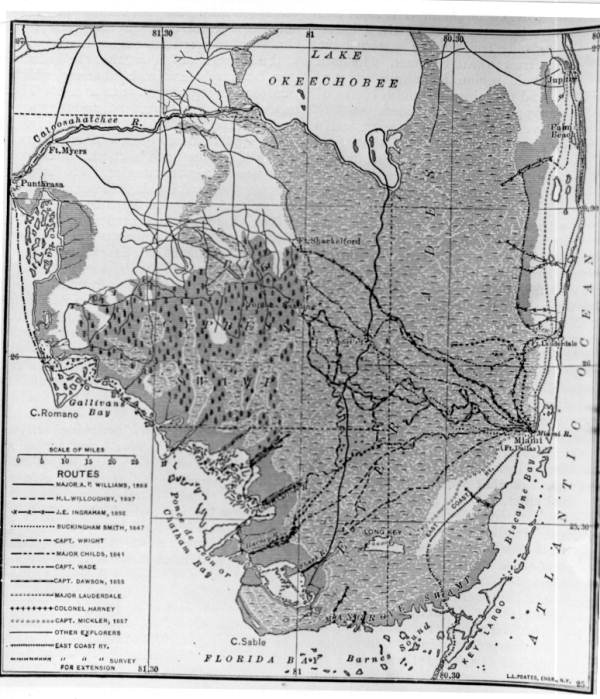 A map of the major traversals of the Everglades. Note Major Williams’ 1883 route marked by a solid black line running North to South.