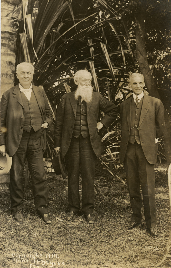 Pictured (L to R) are Thomas Edison, John Burroughs, and Henry Ford in Fort Myers (1913).