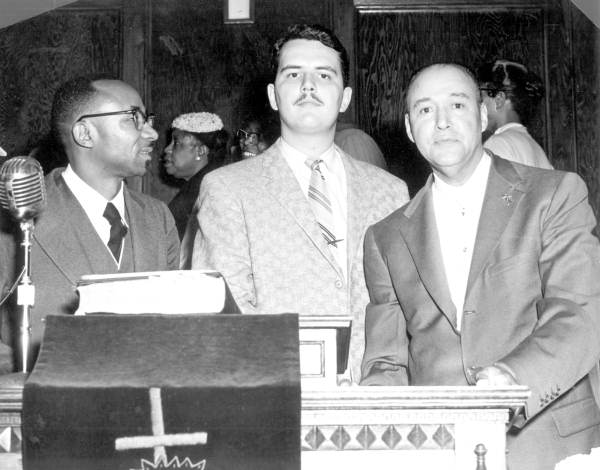 Reverend C.K. Steele, John Boardman, and Reverend J. Raymond Henderson of California at the Bethel Missionary Baptist Church in Tallahassee, 1956 or 1957.