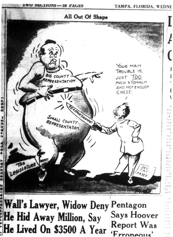 A political cartoon from the Tampa Tribune illustrating the reapportionment issue (1955).