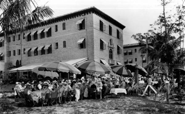 Carry Nation's notoriety and reputation as a force for prohibition was remembered long after she died in 1911. Pictured here are women at a Casa Loma hotel tea social in honor of Carry Nation's memory, in Coral Gables, Florida (February 20, 1925).