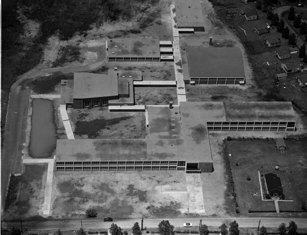 Aerial view of the new Stanton High School building, ca. 1953. 