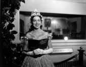 1959 Jeanie Ball contest winner Veronica McCormick posing in front of "Jeanie with the Light Brown Hair" diorama at the Stephen Foster State Memorial museum - White Springs, Florida