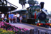 View showing visitors leaving train at the Busch Gardens amusement park in Tampa, Florida.