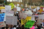 Close-up view showing signs being held up by student demonstrators at the Never Again Rally in Tallahassee.